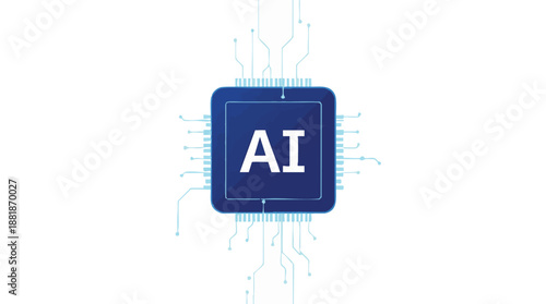 Modern AI microchip design with blue circuit connections on white, embodying artificial intelligence and computational power for advanced digital innovation