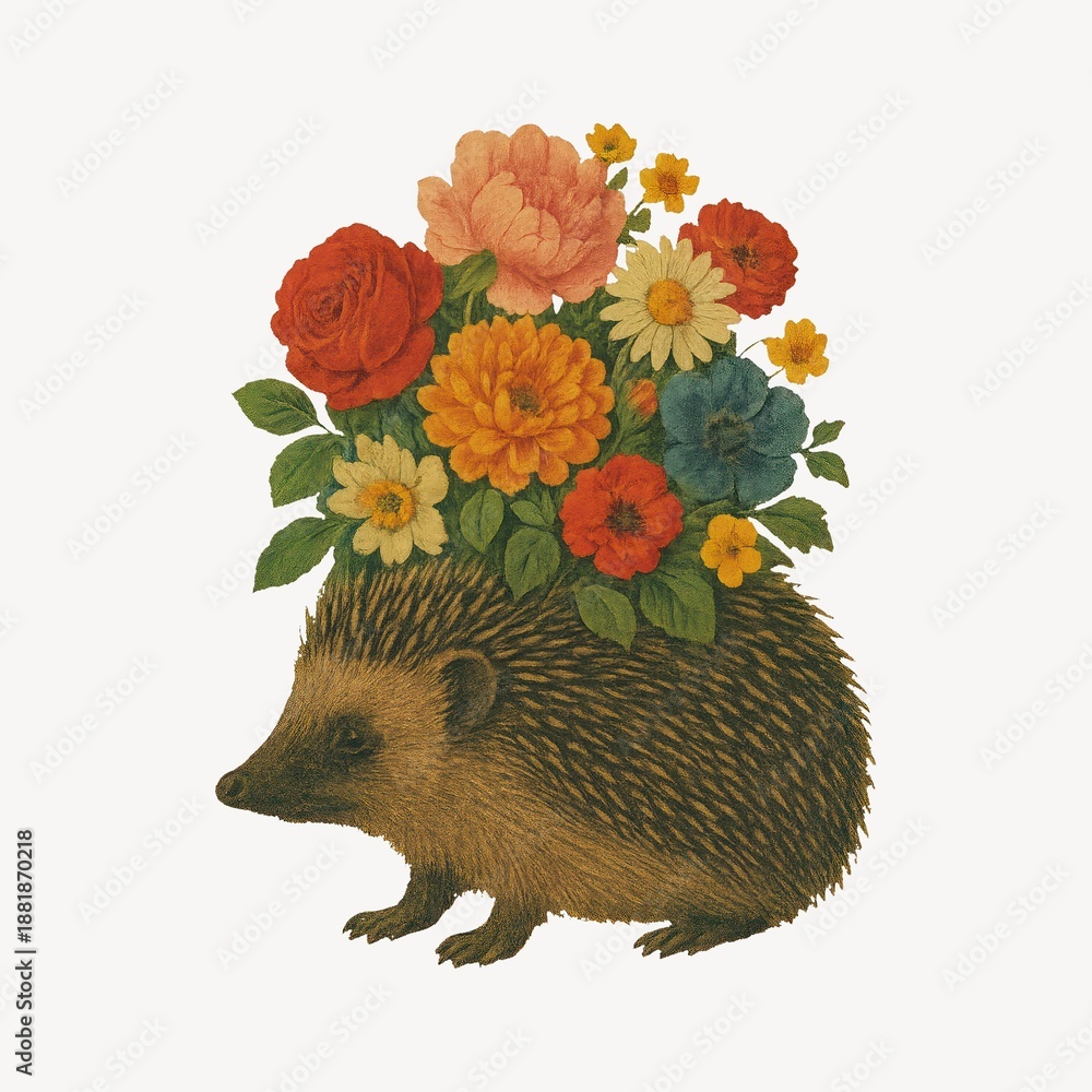 Fototapeta premium Hedgehog adorned with flowers