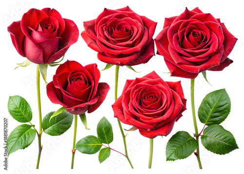 Five red roses with green leaves on black background