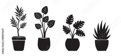 Minimalist Vector Illustration of Four Black Potted Houseplants on White