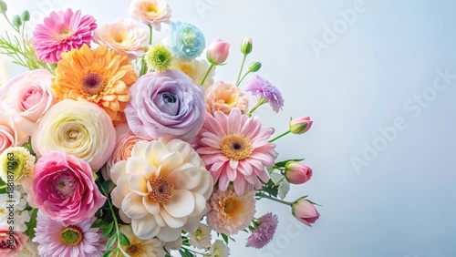 Vibrant floral arrangement with pastel hues and delicate petals set against a soft white background , pastel colors, flower bouquet