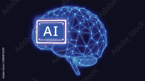 Artificial Intelligence Concept Glowing Digital Brain with AI Chip on Dark Background