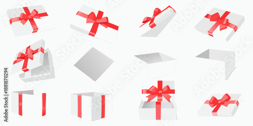 Collection of white gift boxes with red ribbons in various orientations