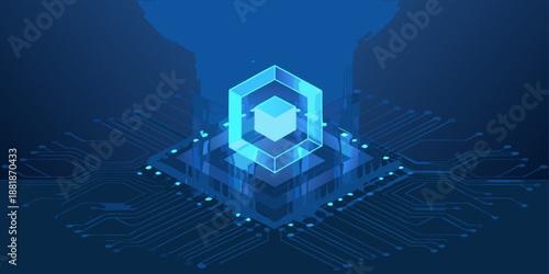 Glowing blue circuit board with a futuristic hexagonal light design