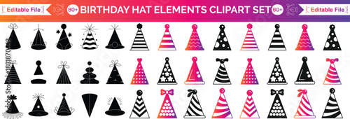 Cute set with simple birthday party hat in bright colour with pompon above. Party cone and Christmas cap with cute decoration. Hand drawn vector colourful doodle isolated on white background