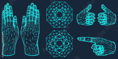 Wireframe hands in various gestures on dark background
