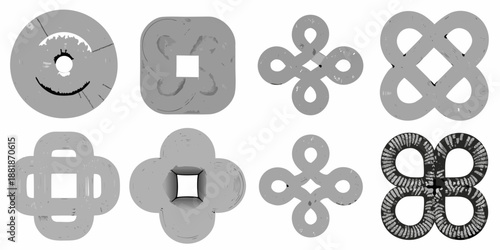 Collection of various geometric shapes with interconnected loops and squares