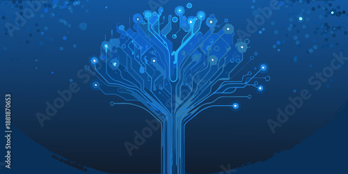 a blue tree with circuit board branches and glowing nodes