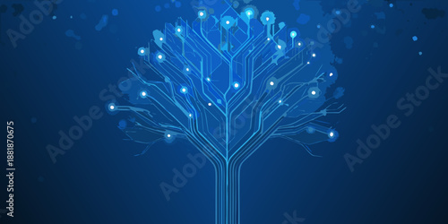 a blue tree with glowing lights on its branches in the dark