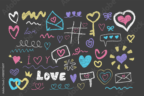 Romantic artistic heart shaped doodles rendered in textured chalk or crayon scribble style set