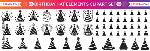 Cute set with simple birthday party hat in bright colour with pompon above. Party cone and Christmas cap with cute decoration. Hand drawn vector colourful doodle isolated on white background