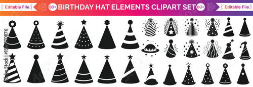 Cute set with simple birthday party hat in bright colour with pompon above. Party cone and Christmas cap with cute decoration. Hand drawn vector colourful doodle isolated on white background