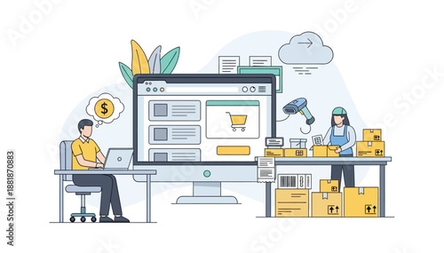 Man ordering online and woman packing products for e-commerce business shipping and logistics