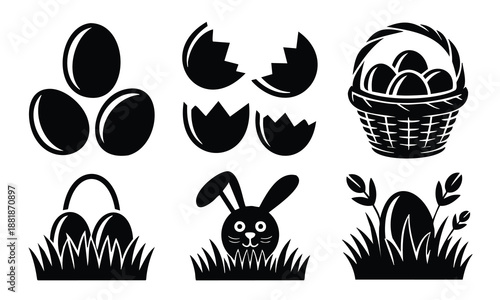 Set bundle Easter silhouette eggs baskets bunny in grass isolated symbols