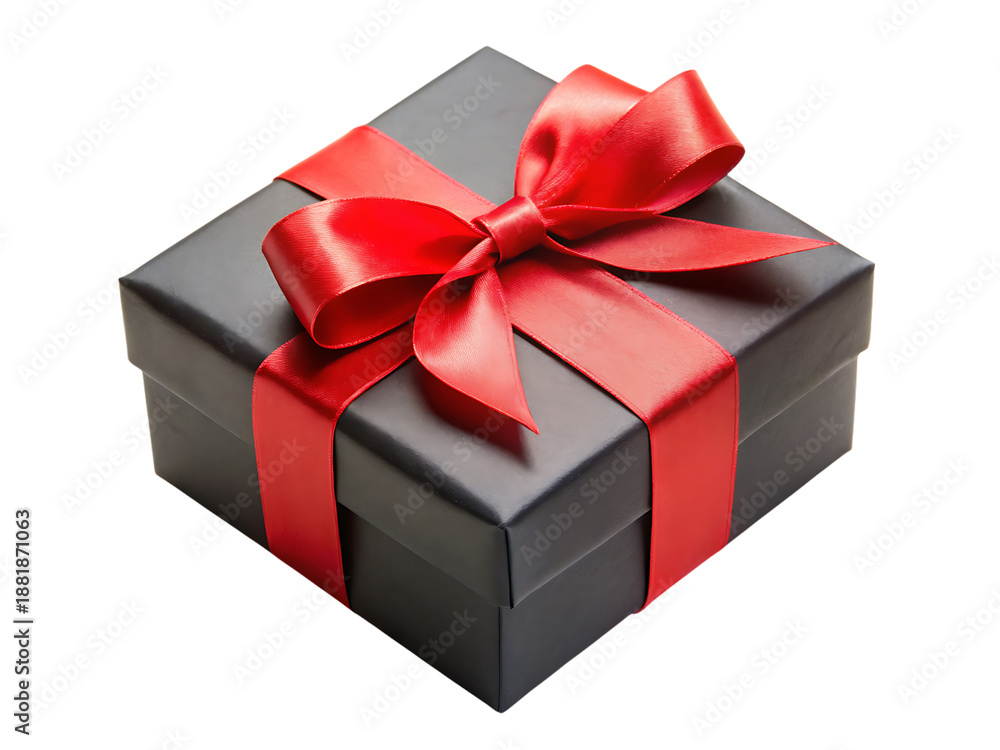 Fototapeta premium Gray gift box with red ribbon bow gray box wrapped present