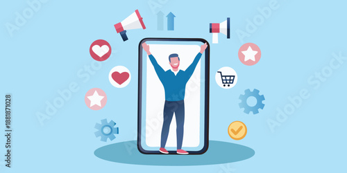 a man in a smartphone surrounded by social media icons and symbols