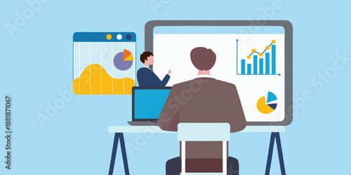 Two businessmen analyzing data on a large computer screen and laptop