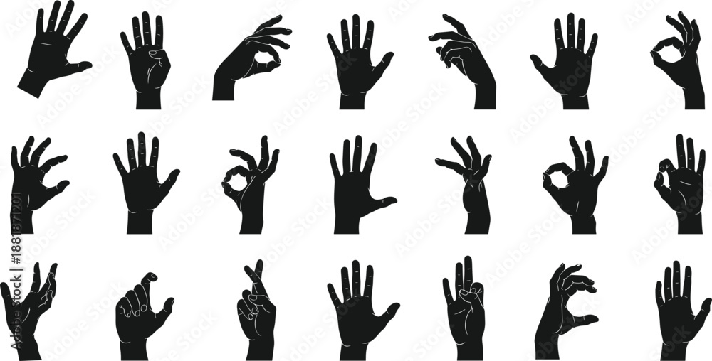 Fototapeta premium Black silhouette icons featuring 20 expressive hand gestures including peace sign, pointing, OK symbol, and open palms