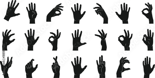 Black silhouette icons featuring 20 expressive hand gestures including peace sign, pointing, OK symbol, and open palms