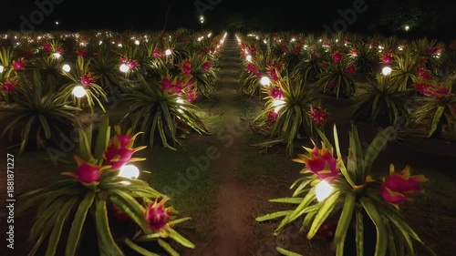 Walking Through an Enchanting Illuminated Field of Tropical Plants at Night.
