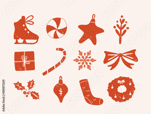 Festive red Christmas element seasonal decor silhouettes with grunge distressed texture isolated set
