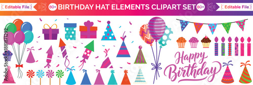 Cartoon birthday party bundle. Sweet celebration cupcakes, colourful balloons and birthday gifts. Delicious dessert cakes, princess carnival items. Isolated vector illustration signs set