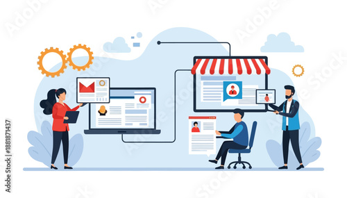 Digital business team manages online store processes marketing sales data flat illustration design