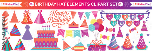 Set of birthday party design elements. Holiday hats, gifts, flags, glasses, confetti, cocktails, balloons and a tape recorder. Birthday party in retro style.