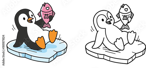 Cute cartoon penguin on an ice floe holding a pink heart fish with a black and white line art version for coloring book Valentine's Day winter arctic animal love vector illustration