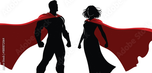Vector illustration of superhero duo icon with red capes, silhouette style, power pose, and heroic design element