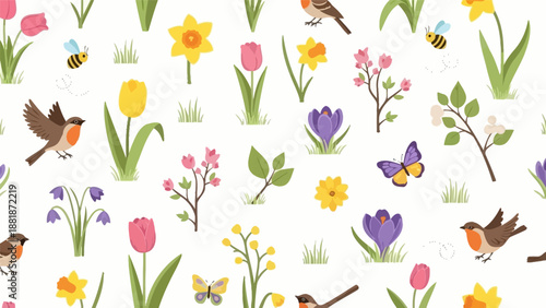 Colorful Flowers Butterflies Birds Cartoon Illustration.