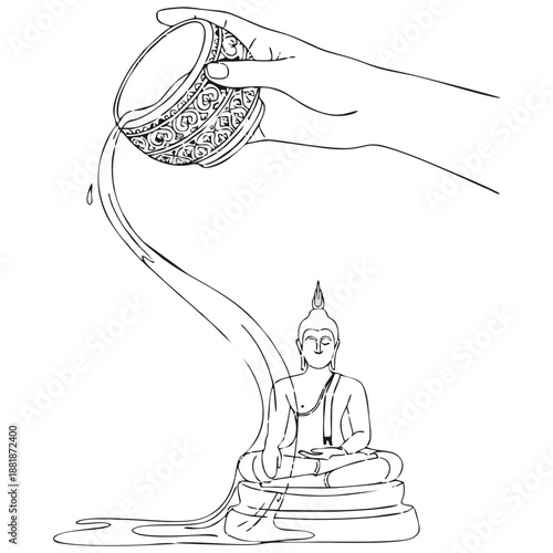 A minimalist line art illustration featuring a hand pouring water from a decorative bowl onto a Buddha statue, symbolizing cleansing and reverence, often associated with cultural celebrations