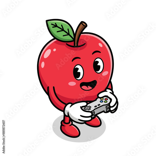 Cute cartoon red apple character happily playing video game with controller.