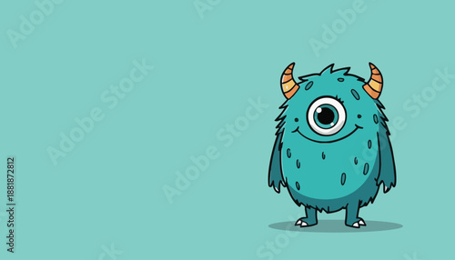 Cute one eyed fuzzy monster smiling with tiny horns and short arms, flat vector cartoon on pastel background, friendly fantasy creature illustration for kids, games and branding.