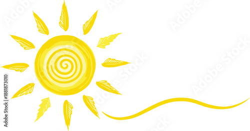 Hand drawn yellow sun with spiral center and organic rays over wave line, artistic summer sunshine vector illustration, creative beach vacation graphic.