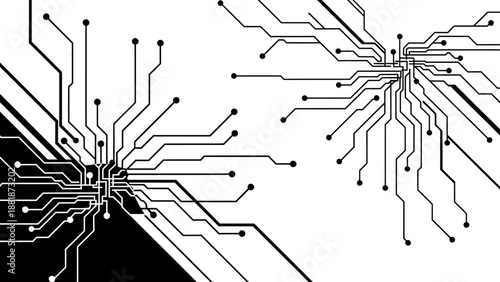 Abstract circuit board pattern with electronic connections in black and white on an isolated white background.