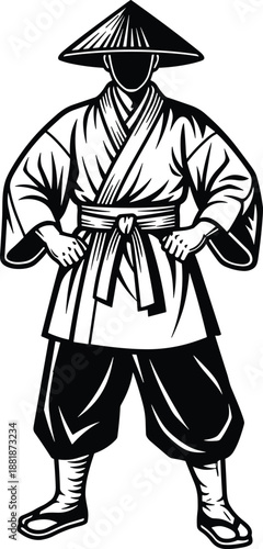 Japanese martial arts warrior wearing traditional kimono and conical straw hat, brave samurai ronin character silhouette vector illustration for gaming and comics