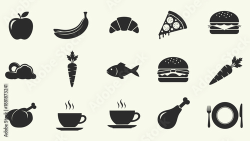 Assortment of food items in monochrome silhouette style, including fruits, fast food, and drinks, isolated bright background.