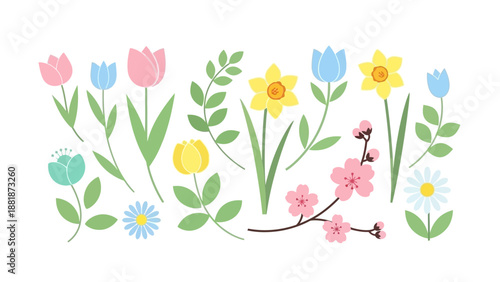 Colorful Flowers and Leaves Illustration.