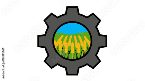 Farming technology symbol with golden wheat field and blue sky inside a dark gear icon, isolated white background.