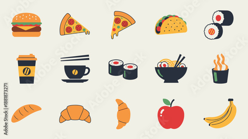 Assortment of fast food and beverage items in flat graphic style, including burger, pizza, tacos, sushi, coffee, isolated bright background.
