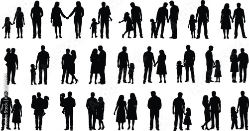 Large set of black silhouettes featuring families, couples, and parents with children in various poses, isolated on white background for graphic design.