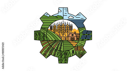 Sustainable farming and rural technology concept with a gear enclosing a farm landscape, isolated white background.
