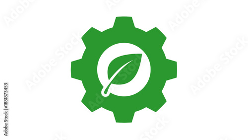 Green gear with a leaf symbol representing eco-friendly technology and sustainability, isolated white background.