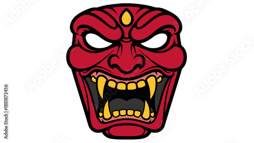Traditional Japanese Hannya mask with sharp teeth, isolated white background.