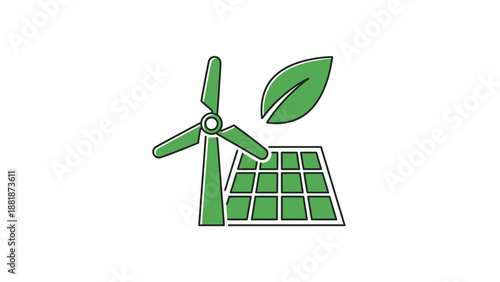 Green Wind Turbine and Solar Panels with Leaf Symbol, representing renewable energy and environmental sustainability, isolated white background.