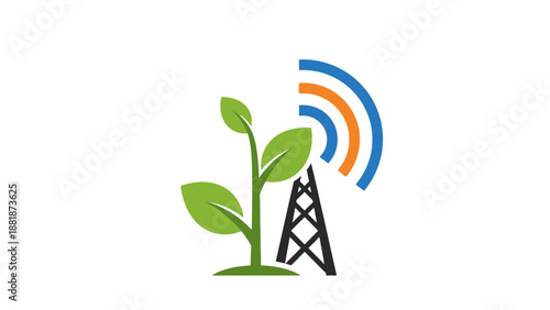 Green Plant Growing with Wireless Communication Tower, symbolizing sustainable technology and connectivity, isolated white background.