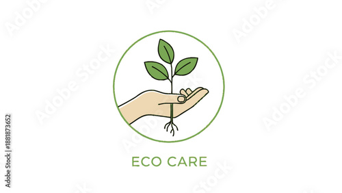 Hand Gently Holding Small Green Plant with "ECO CARE" Text in Circular Frame on Bright Background