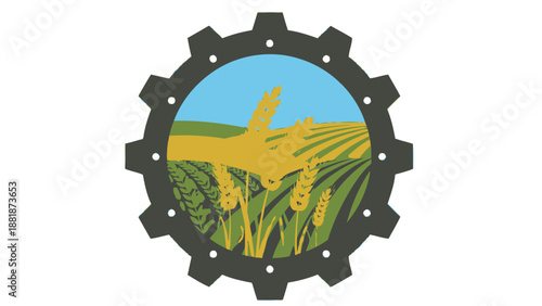 Industrial Gear Icon Enclosing Rural Landscape with Golden Wheat Fields and Blue Sky