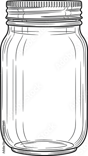 Black and white line art of an empty glass mason jar with a screw lid, isolated vector illustration for canning, kitchen storage, and DIY crafts.